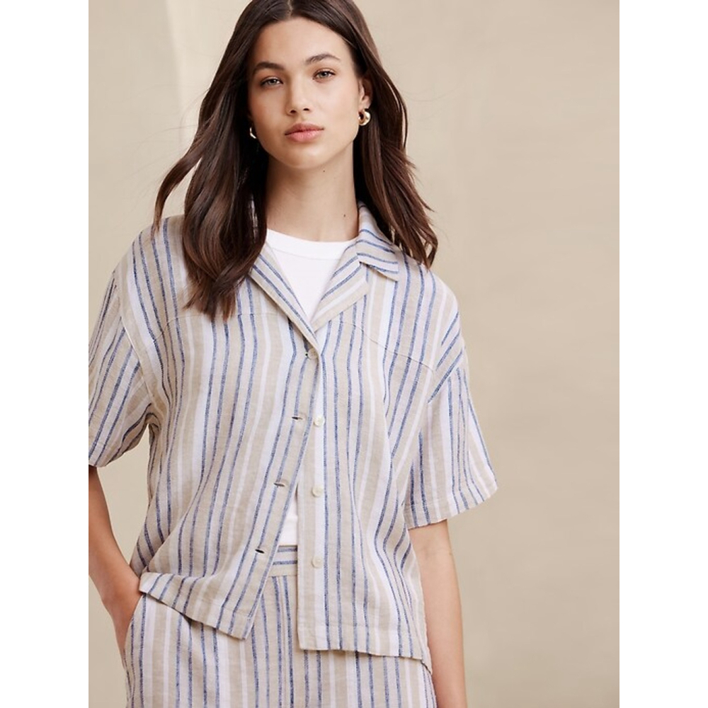 Banana Republic Linen Blend Women’s Striped Ivory Button Down Shirt Top S Small